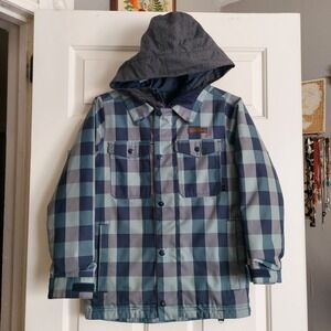 Burton DryRide Boys Snowboard Jacket Blue Grey Plaid Medium 10/12 Hooded Winter